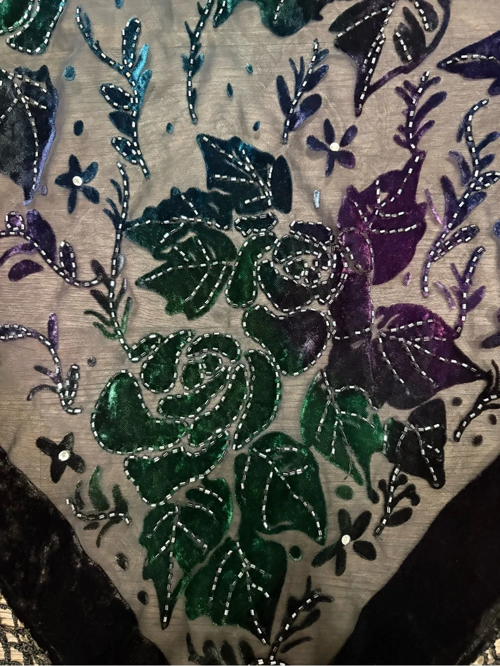 Chico's Black Velvet Trim Floral Sheer Scarf with Green, Blue, Purple Accents